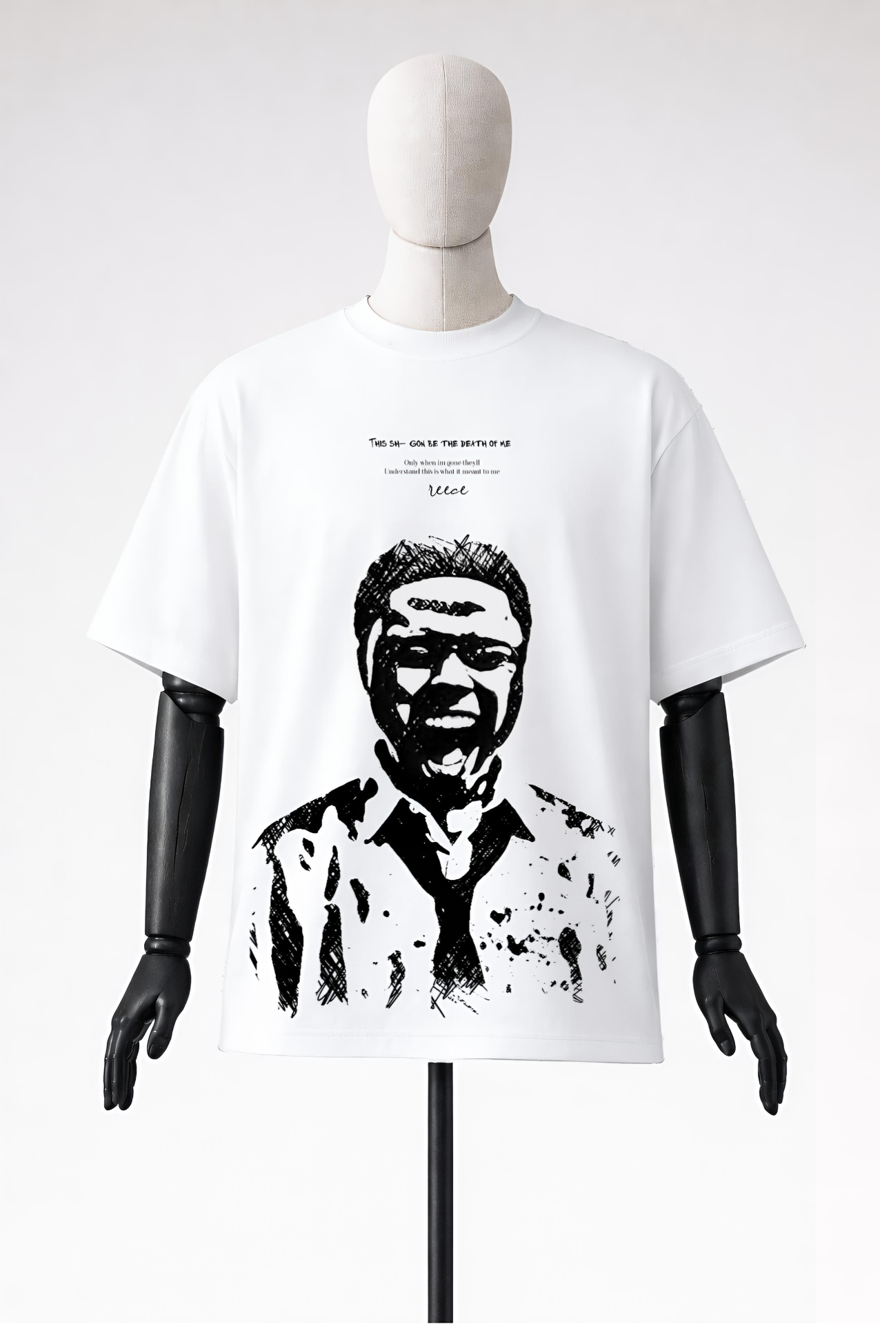 NAKANJANI white tee with monochrome portrait graphic