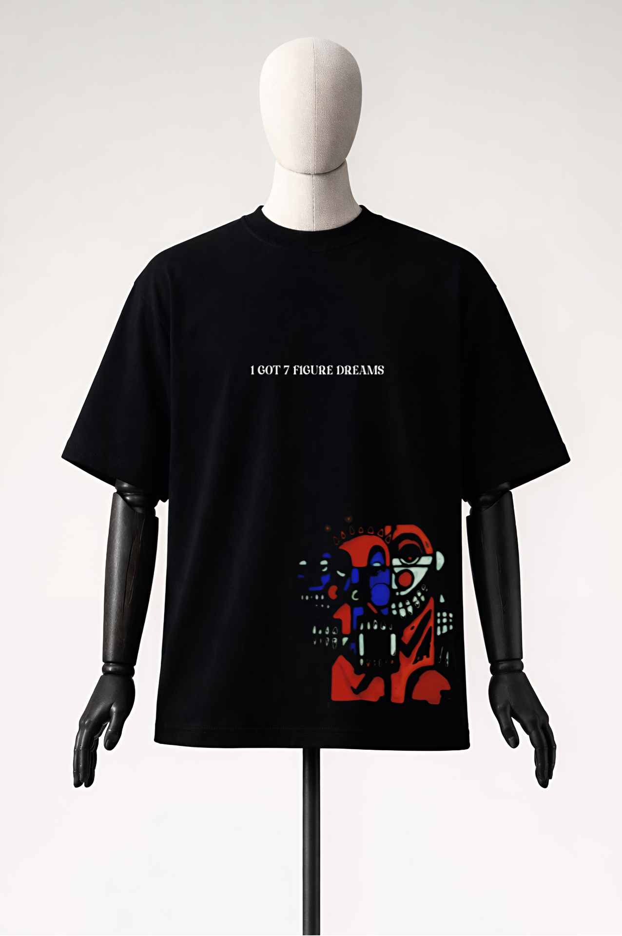 NAKANJANI black tee — '7 Figure Dreams' editorial graphic